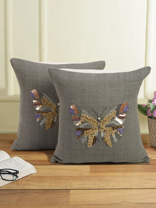Grey Color Cotton Hand Work Cushion Cover Set of 2 (18x18 Inch)