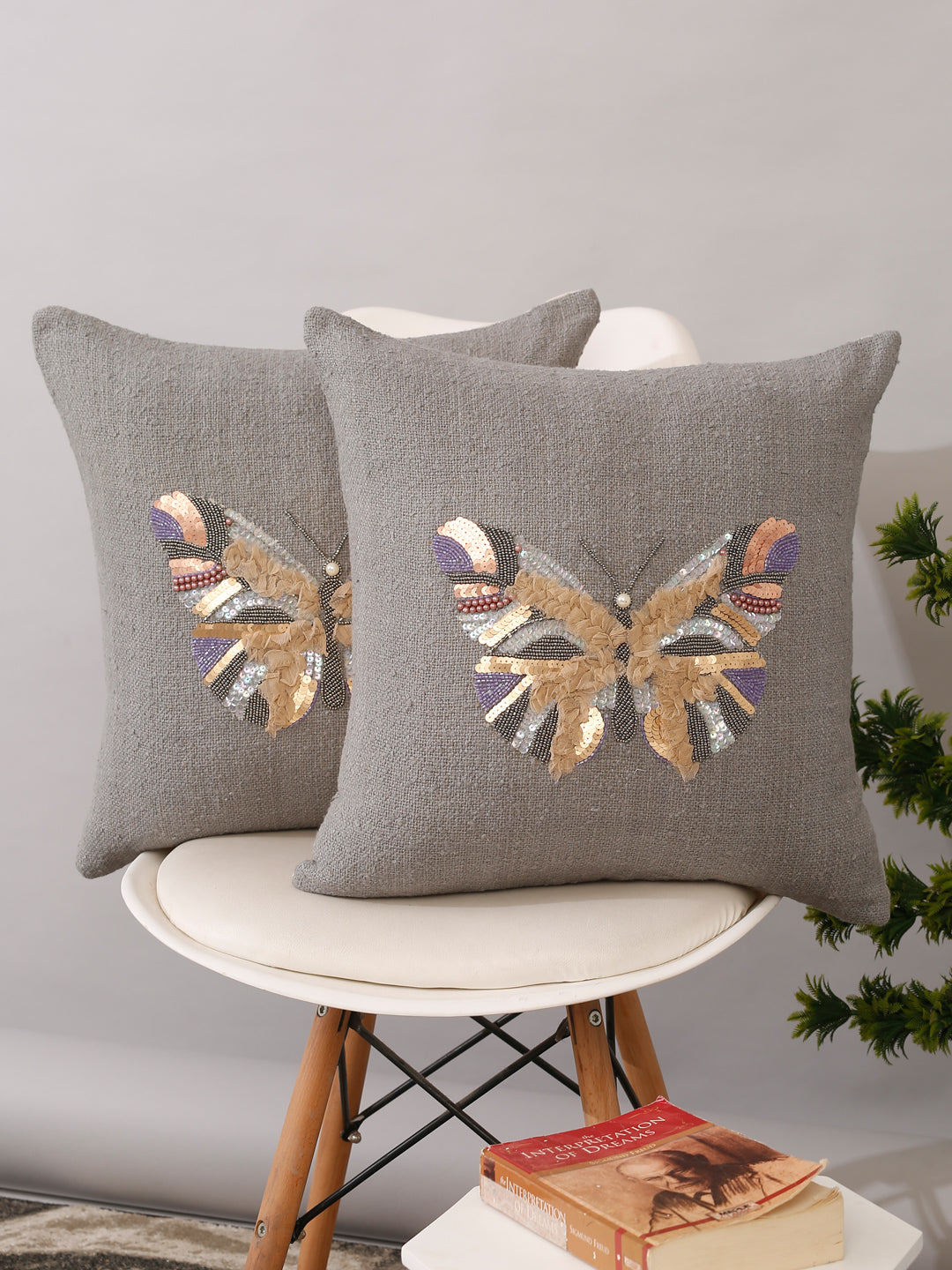 Grey Color Cotton Hand Work Cushion Cover Set of 2 (18x18 Inch)