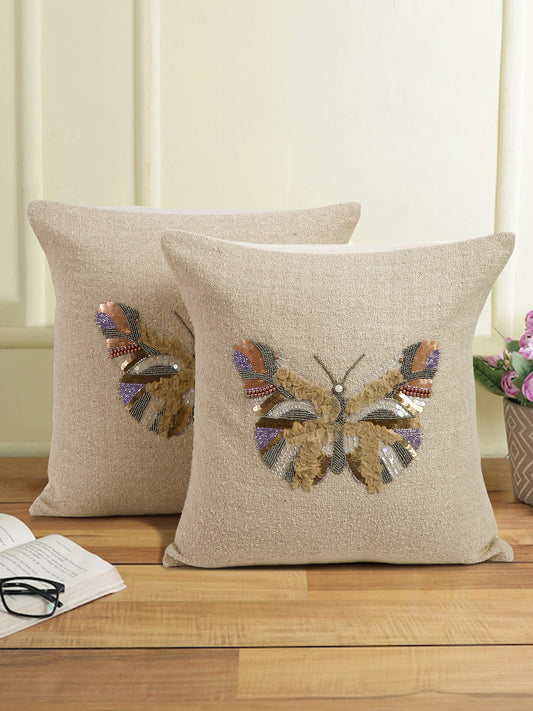 Ivory Color Cotton Hand Work Cushion Cover Set of 2 (18x18 Inch)