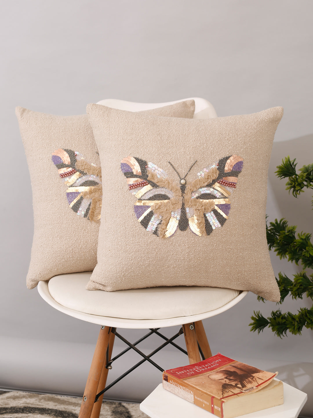 Ivory Color Cotton Hand Work Cushion Cover Set of 2 (18x18 Inch)