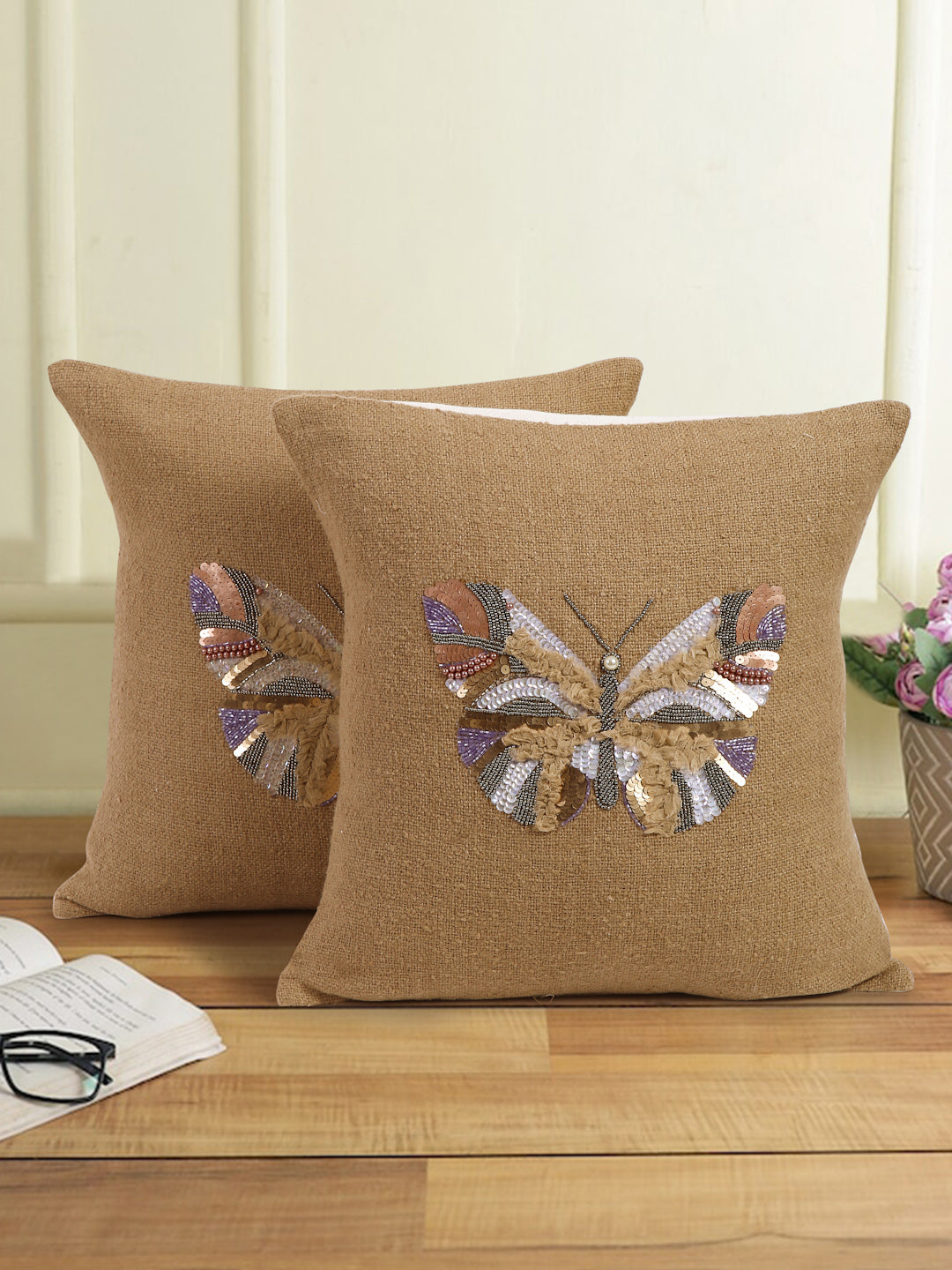 Beige Color Cotton Hand Work Cushion Cover Set of 2 (18x18 Inch)