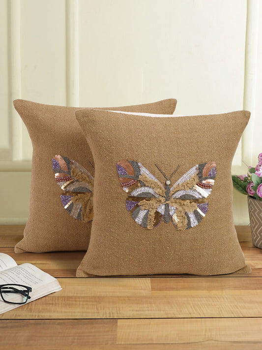 Beige Color Cotton Hand Work Cushion Cover Set of 2 (18x18 Inch)