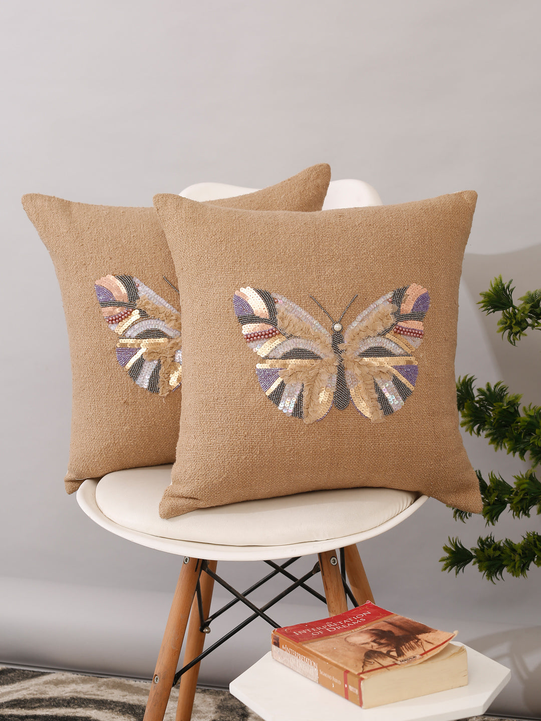 Beige Color Cotton Hand Work Cushion Cover Set of 2 (18x18 Inch)