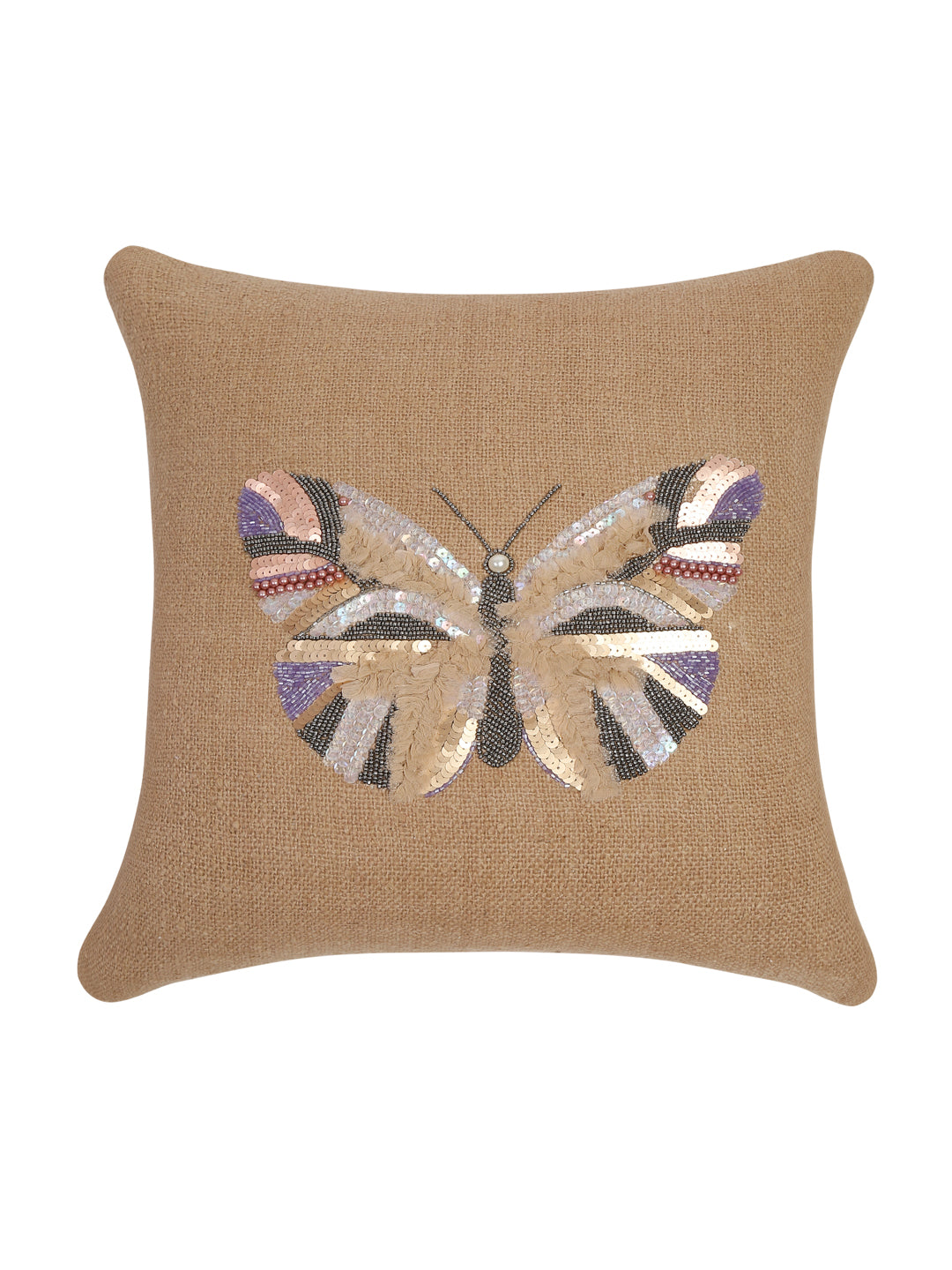 Beige Color Cotton Hand Work Cushion Cover Set of 2 (18x18 Inch)
