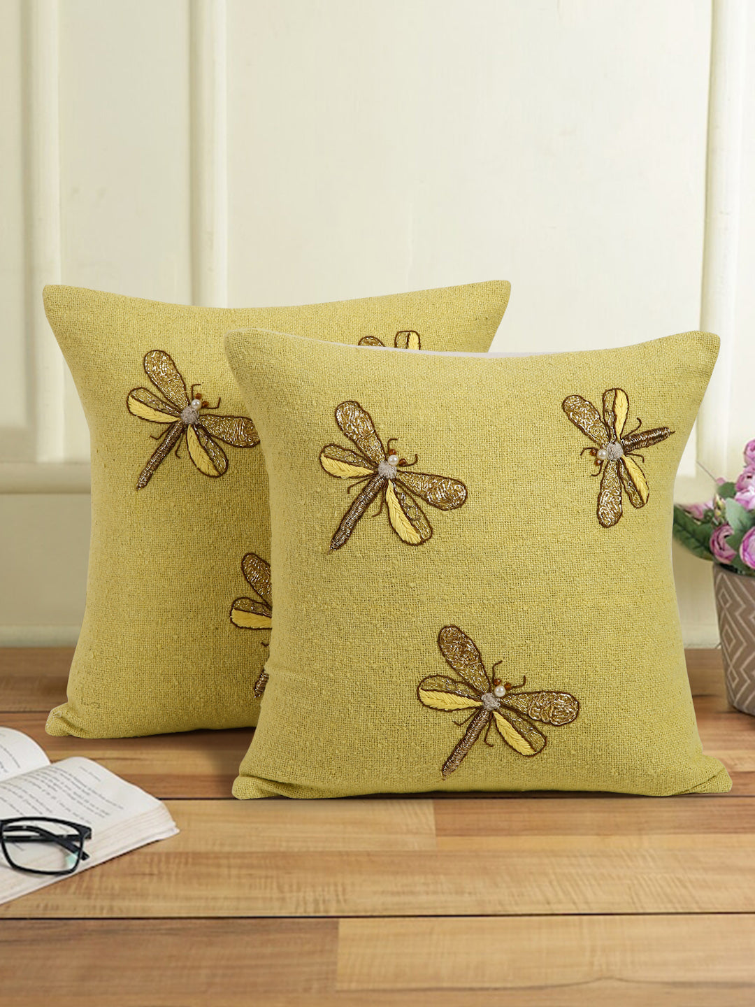 Yellow Color Cotton Hand Work Cushion Cover Set of 2 (18x18 Inch)