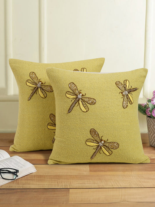 Yellow Color Cotton Hand Work Cushion Cover Set of 2 (18x18 Inch)