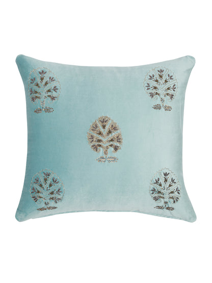 Aqua Color Velvet Hand Work Cushion Cover Set of 2 (18x18 Inch)