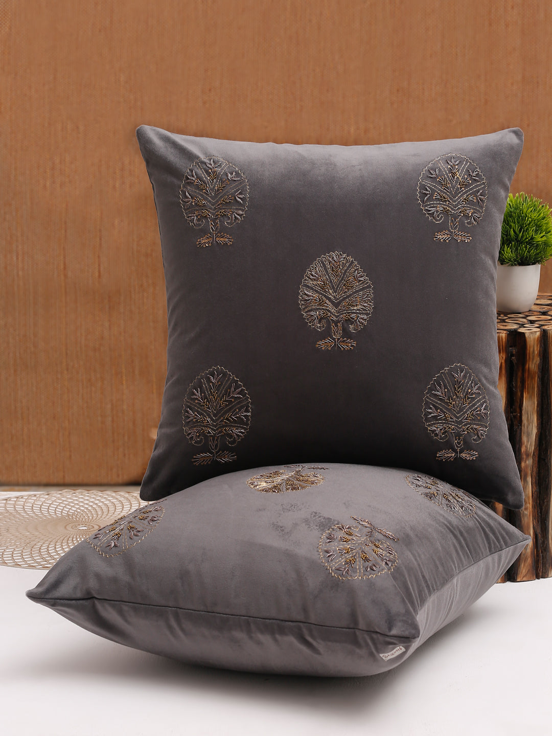 Grey Color Velvet Hand Work Cushion Cover Set of 2 (18x18 Inch)