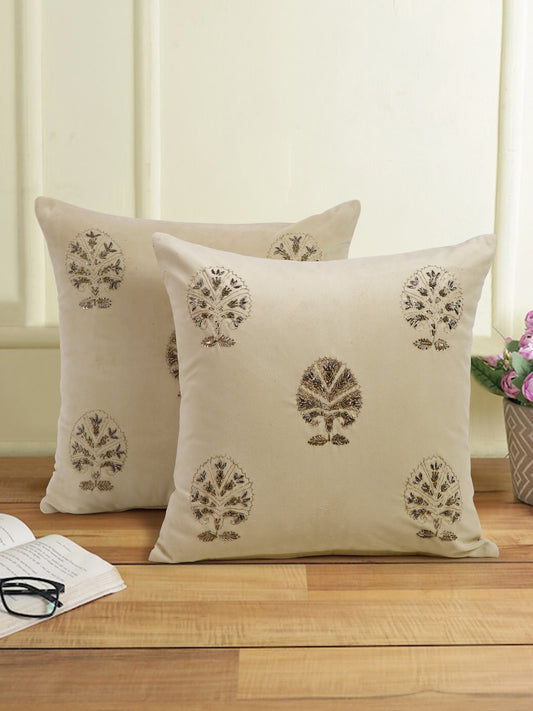 Ivory Color Velvet Hand Work Cushion Cover Set of 2 (18x18 Inch)