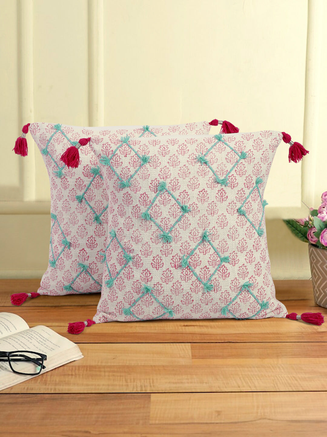Hand Block Pink Color Cushion Cover set of 2 (18x18 Inch)
