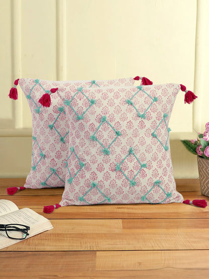 Hand Block Pink Color Cushion Cover set of 2 (18x18 Inch)