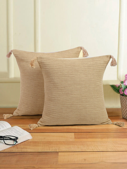 Beige Color Cotton Woven Cushion Cover Set of 2 (18x18 Inch)