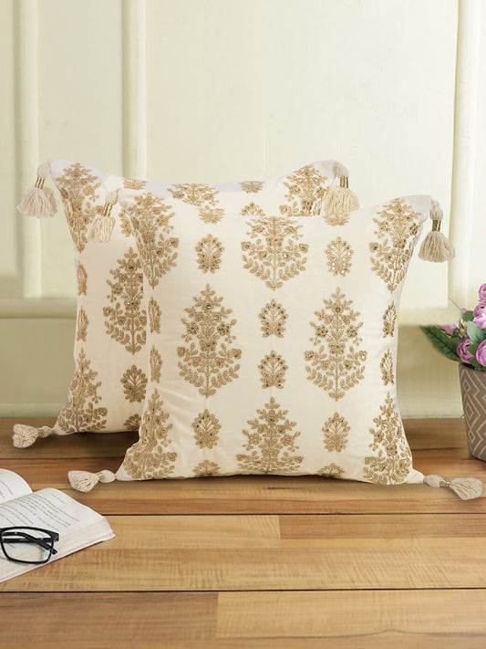 Ivory Color Velvet Hand Work Cushion Cover Set of 2 (18x18 Inch)