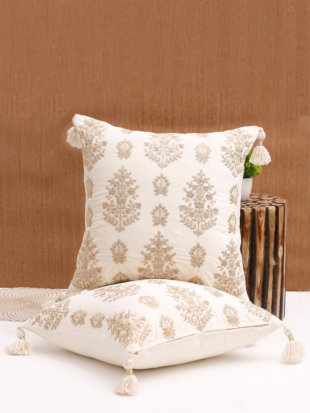Ivory Color Velvet Hand Work Cushion Cover Set of 2 (18x18 Inch)