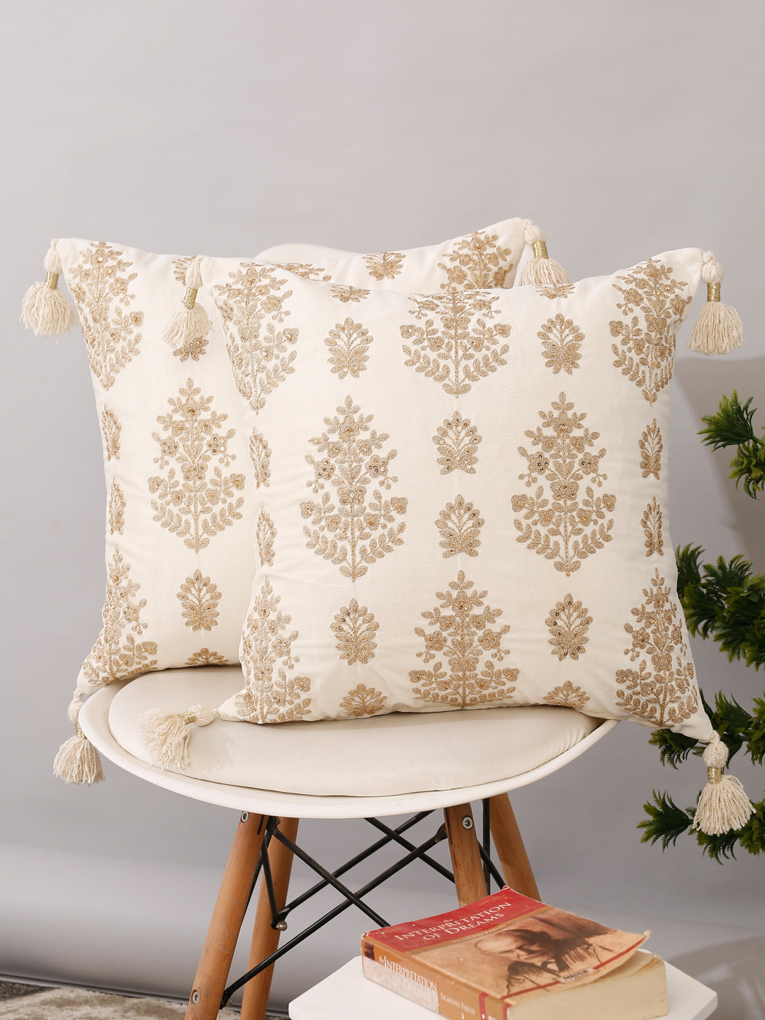 Ivory Color Velvet Hand Work Cushion Cover Set of 2 (18x18 Inch)