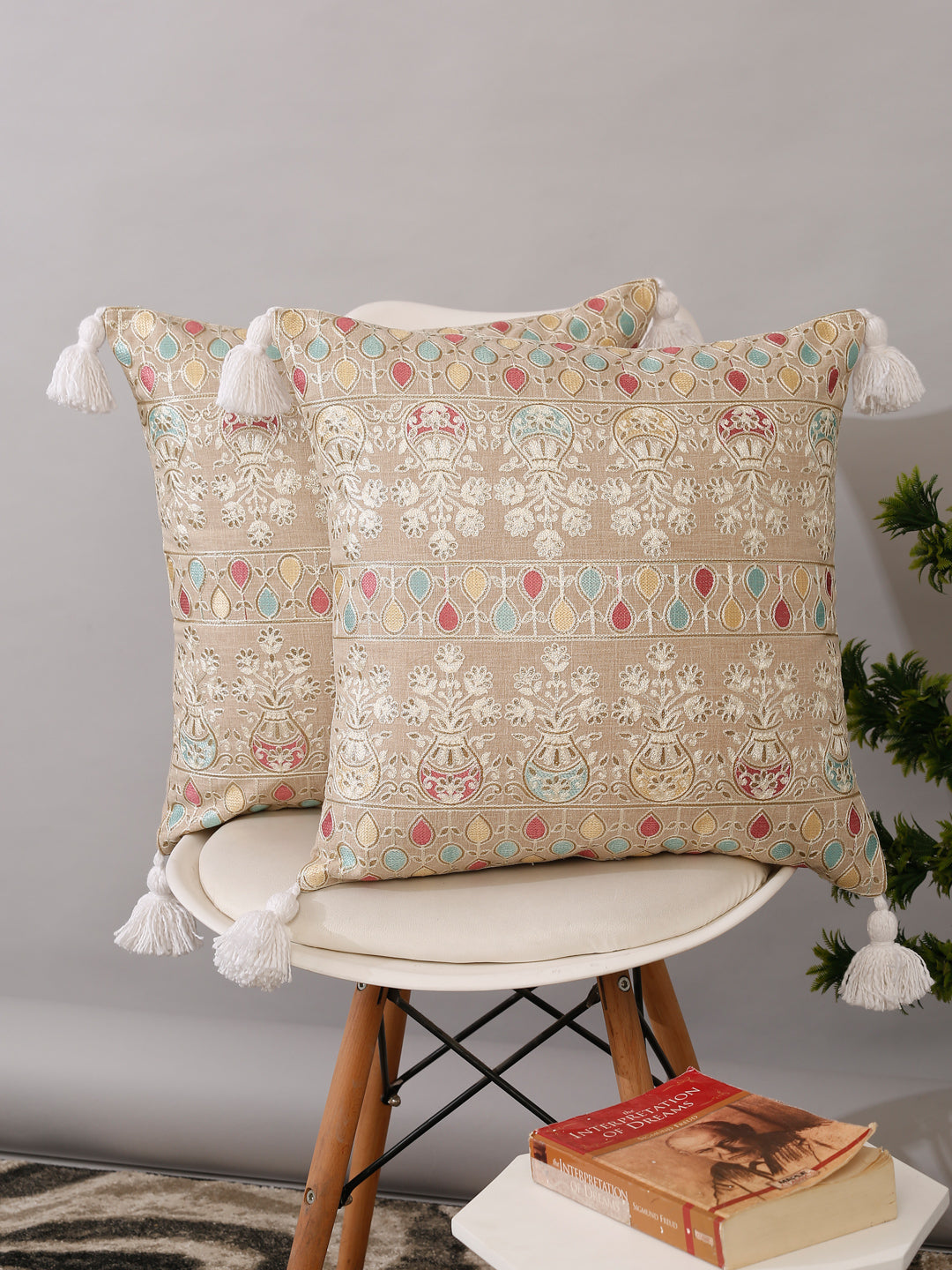 Beige Color Cotton Hand Work Cushion Cover Set of 2 (16x16 Inch)