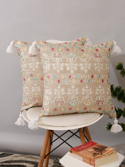 Beige Color Cotton Hand Work Cushion Cover Set of 2 (16x16 Inch)