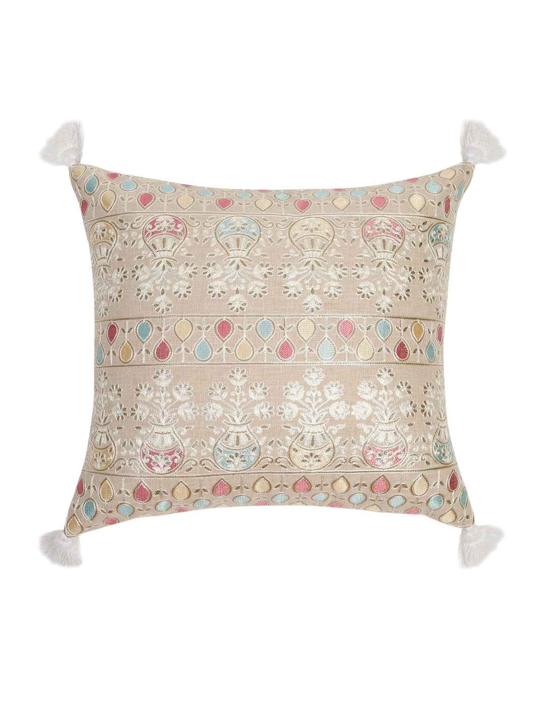 Beige Color Cotton Hand Work Cushion Cover Set of 2 (16x16 Inch)