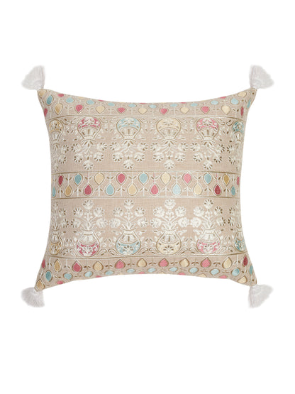 Beige Color Cotton Hand Work Cushion Cover Set of 2 (16x16 Inch)