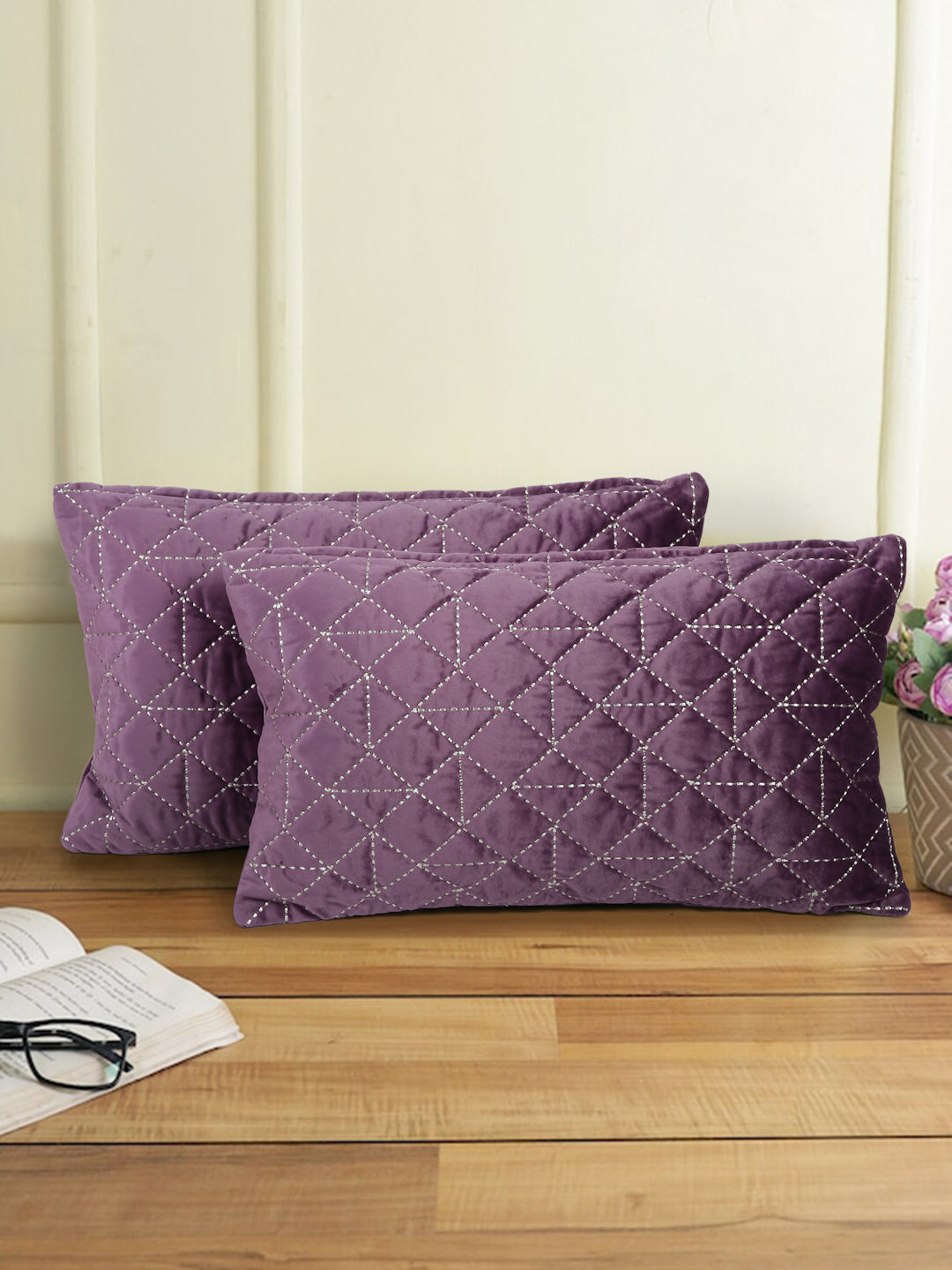 Mauve Color Set of 2 Quilted Cushion Cover (12x20 Inch)