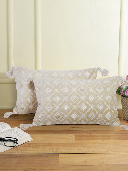 Ivory Color Embroidered Cushion Cover Set of 2 (12x20 Inch)