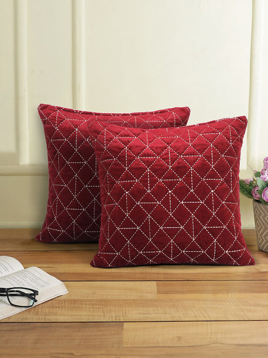 Velvet Maroon Color Set of 2 Quilted Cushion Cover (18x18 Inch)