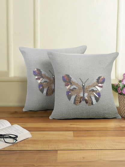 Grey Color Cotton Hand Work Cushion Cover Set of 2 (18x18 Inch)