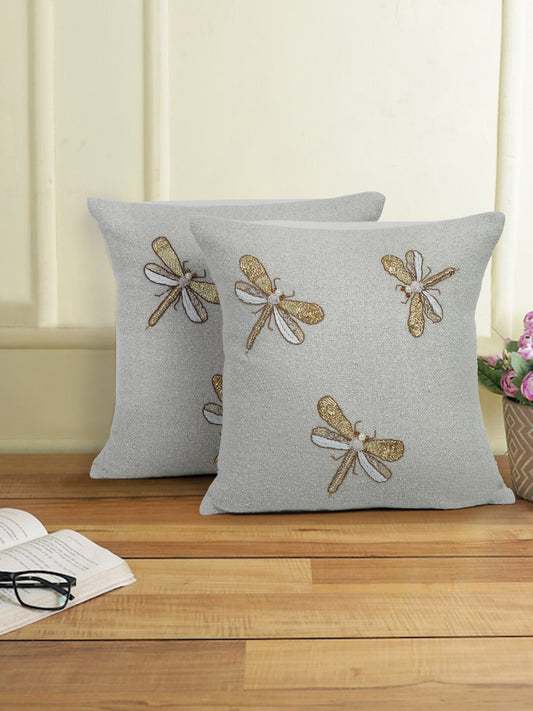 Grey Color Cotton Hand Work Cushion Cover Set of 2 (18x18 Inch)