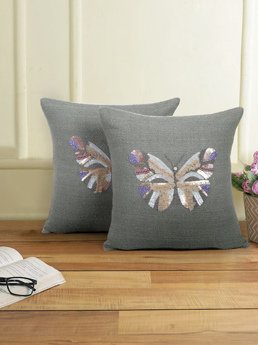 Green Color Cotton Hand Work Cushion Cover Set of 2 (18x18 Inch)