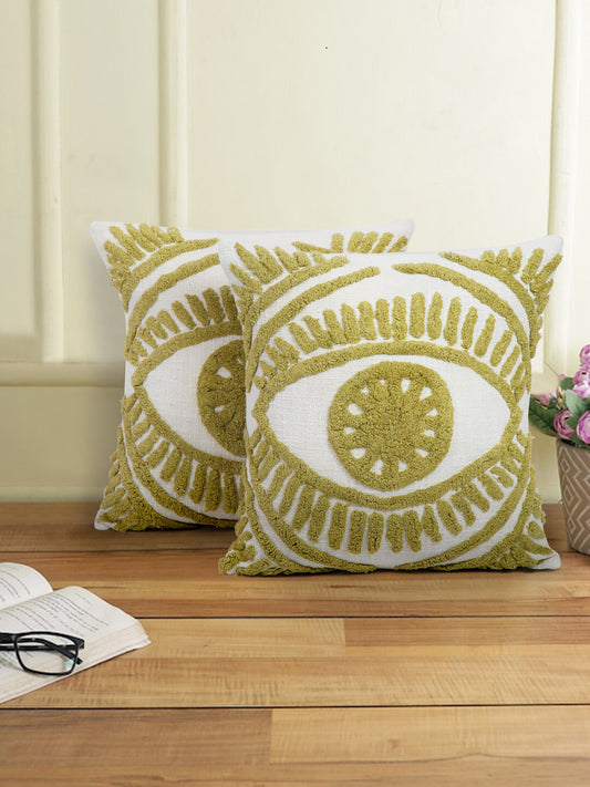 100% Cotton Tufted Olive Green Cushion Cover Set of 2 (18x18 Inch)