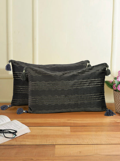 Grey Color Embroidered Cushion Cover Set of 2 (12x28 Inch)