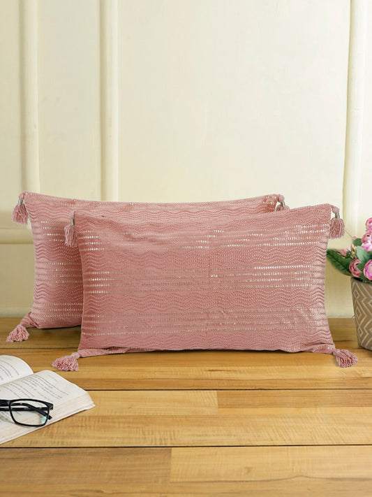 Pink Color Embroidered Cushion Cover Set of 2 (12x28 Inch)