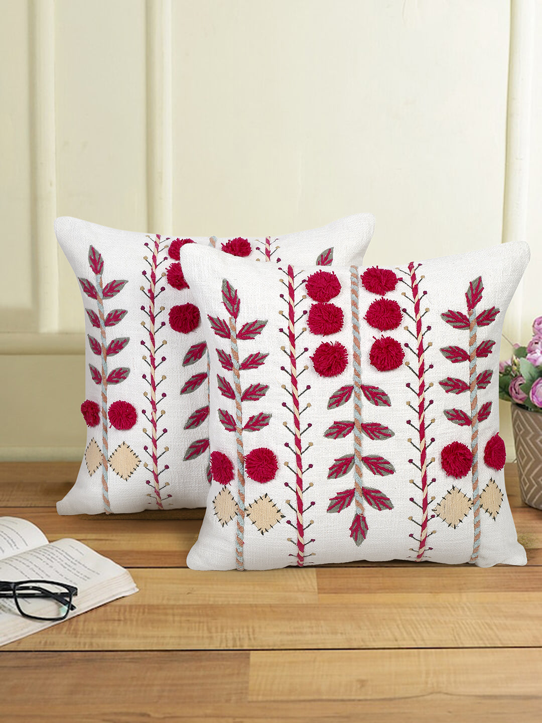 Eyda Embroidered Cotton Cushion Covers Set of 2-18x18 inch
