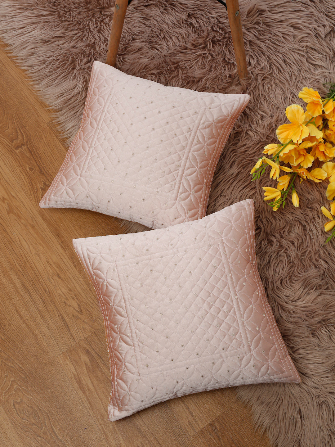 Eyda Peach Color Quilted Cushion Covers Set of 2 - 16x16 inch