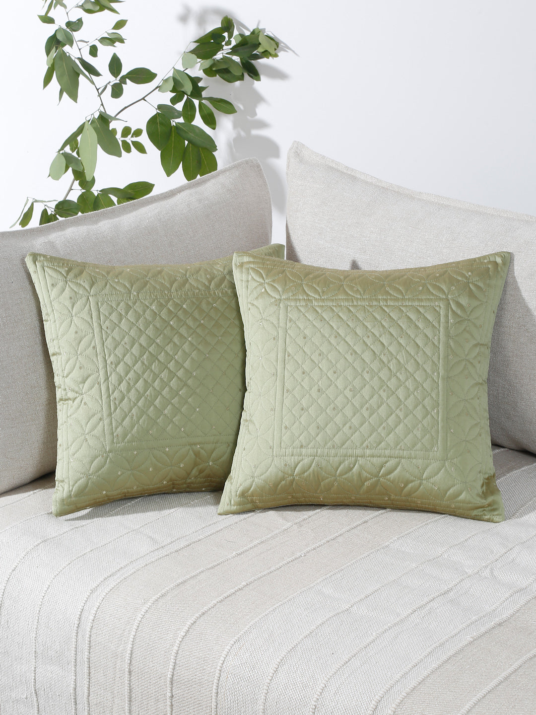 Eyda Green Color Quilted Cushion Covers Set of 2 - 16x16 inch