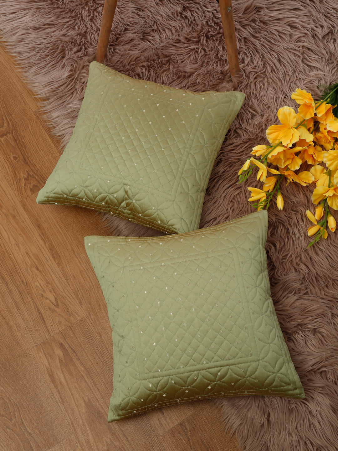Eyda Green Color Quilted Cushion Covers Set of 2 - 16x16 inch