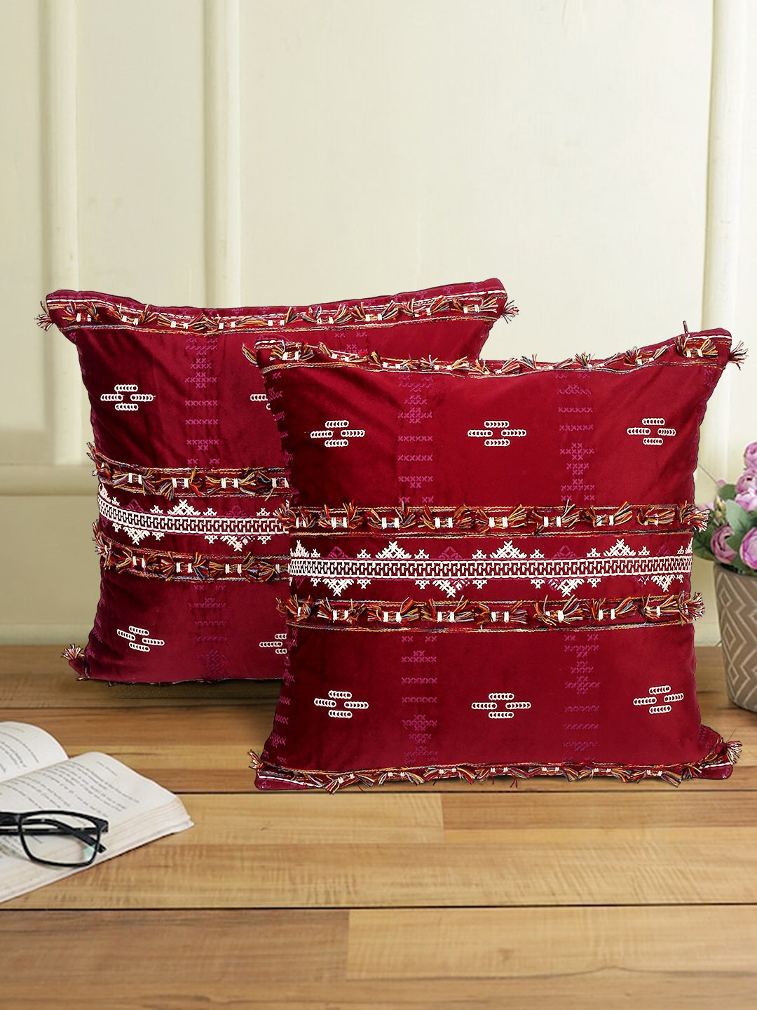 Eyda Red Color Embroidered Velvet Cushion Covers Set of 2 - 18x18 inch