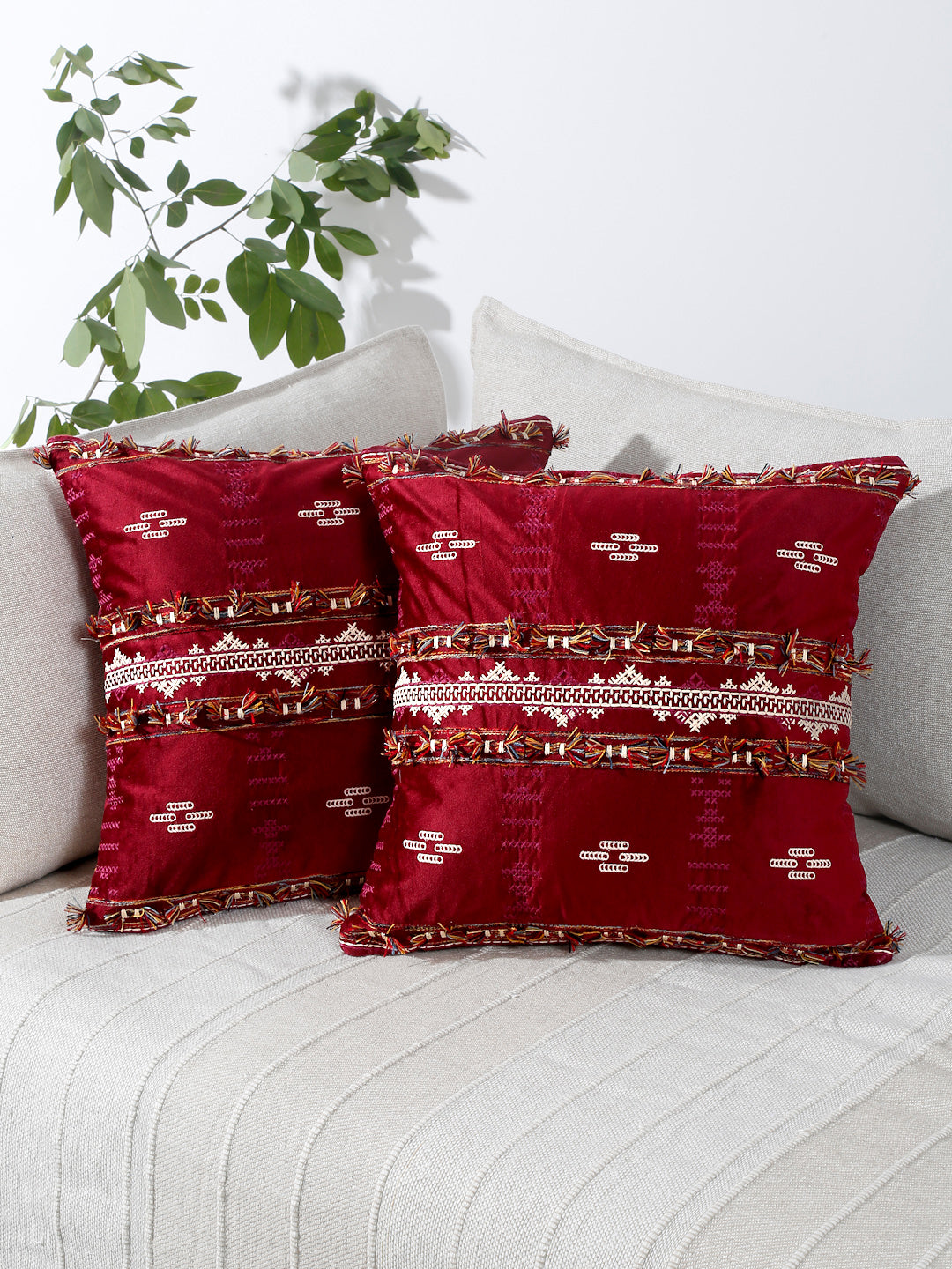 Eyda Red Color Embroidered Velvet Cushion Covers Set of 2 - 18x18 inch