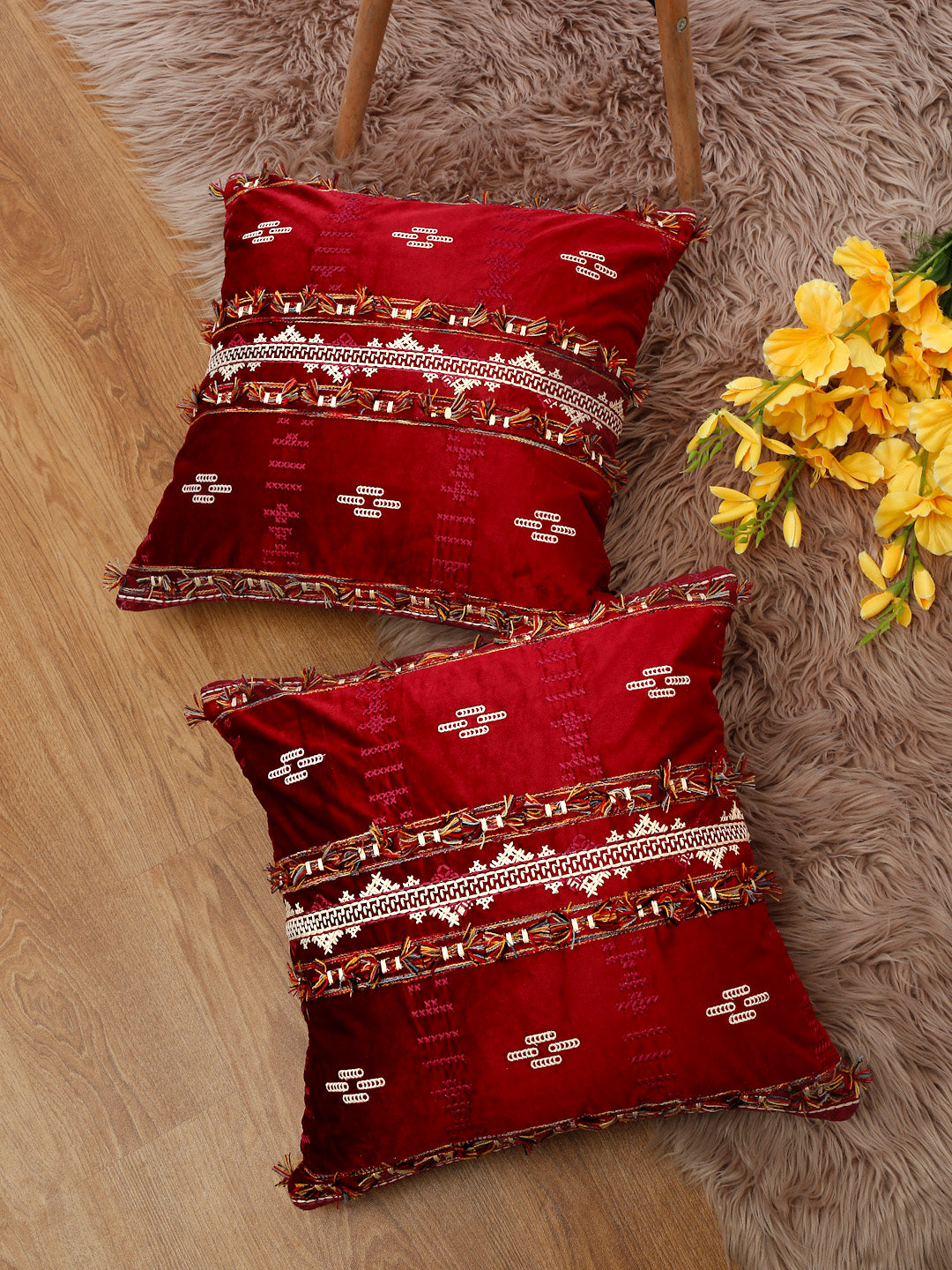Eyda Red Color Embroidered Velvet Cushion Covers Set of 2 - 18x18 inch