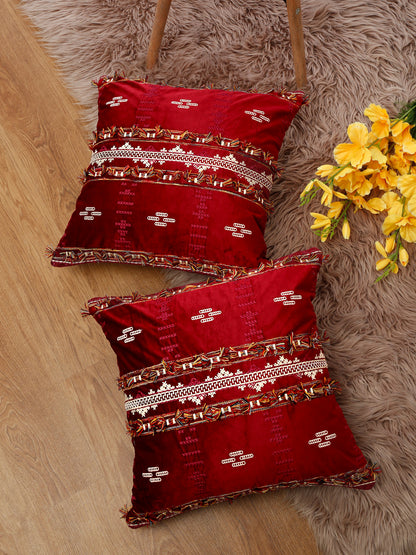 Eyda Red Color Embroidered Velvet Cushion Covers Set of 2 - 18x18 inch