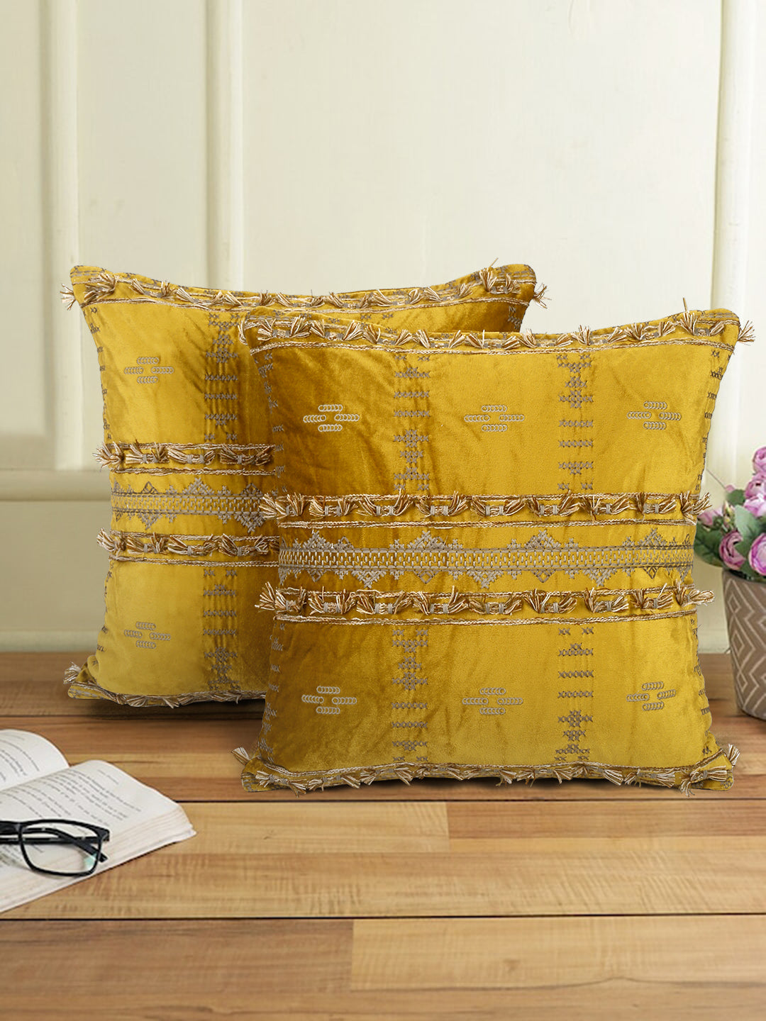 Eyda Yellow Color Embroidered Velvet Cushion Covers Set of 2 - 18x18 inch