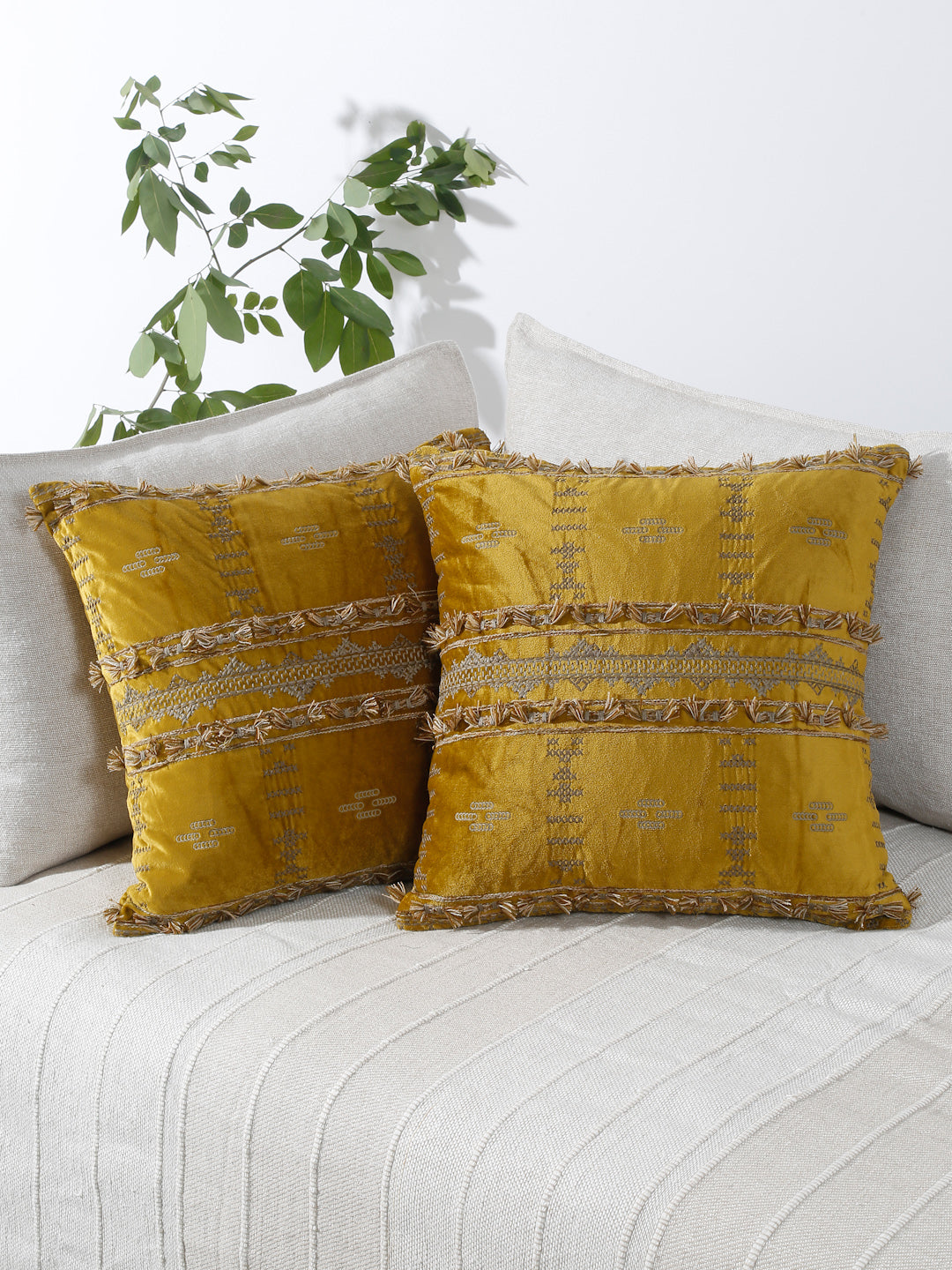 Eyda Yellow Color Embroidered Velvet Cushion Covers Set of 2 - 18x18 inch