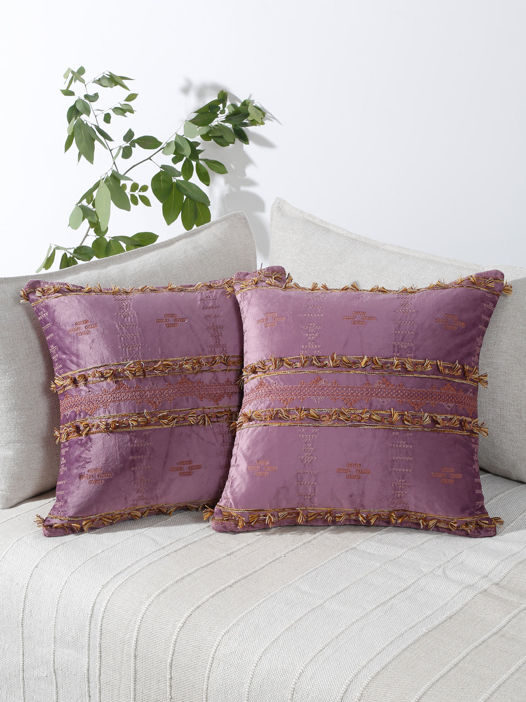 Eyda Purple Color Embroidered Velvet Cushion Covers Set of 2 - 18x18 inch