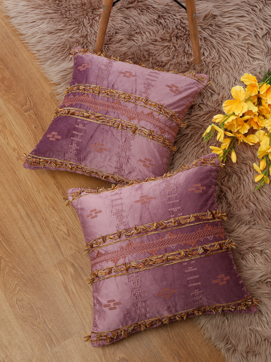 Eyda Purple Color Embroidered Velvet Cushion Covers Set of 2 - 18x18 inch