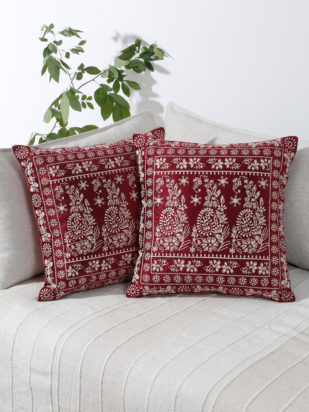 Eyda Maroon Color Embroidered Velvet Cushion Covers Set of 2 - 18x18 inch