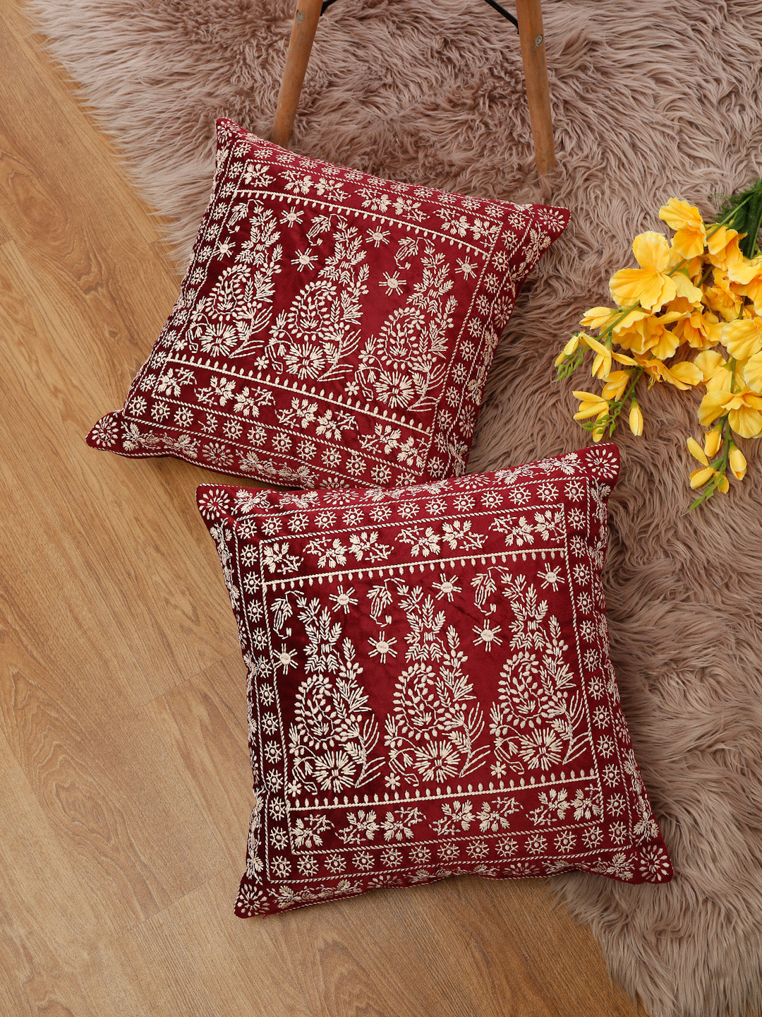 Eyda Maroon Color Embroidered Velvet Cushion Covers Set of 2 - 18x18 inch