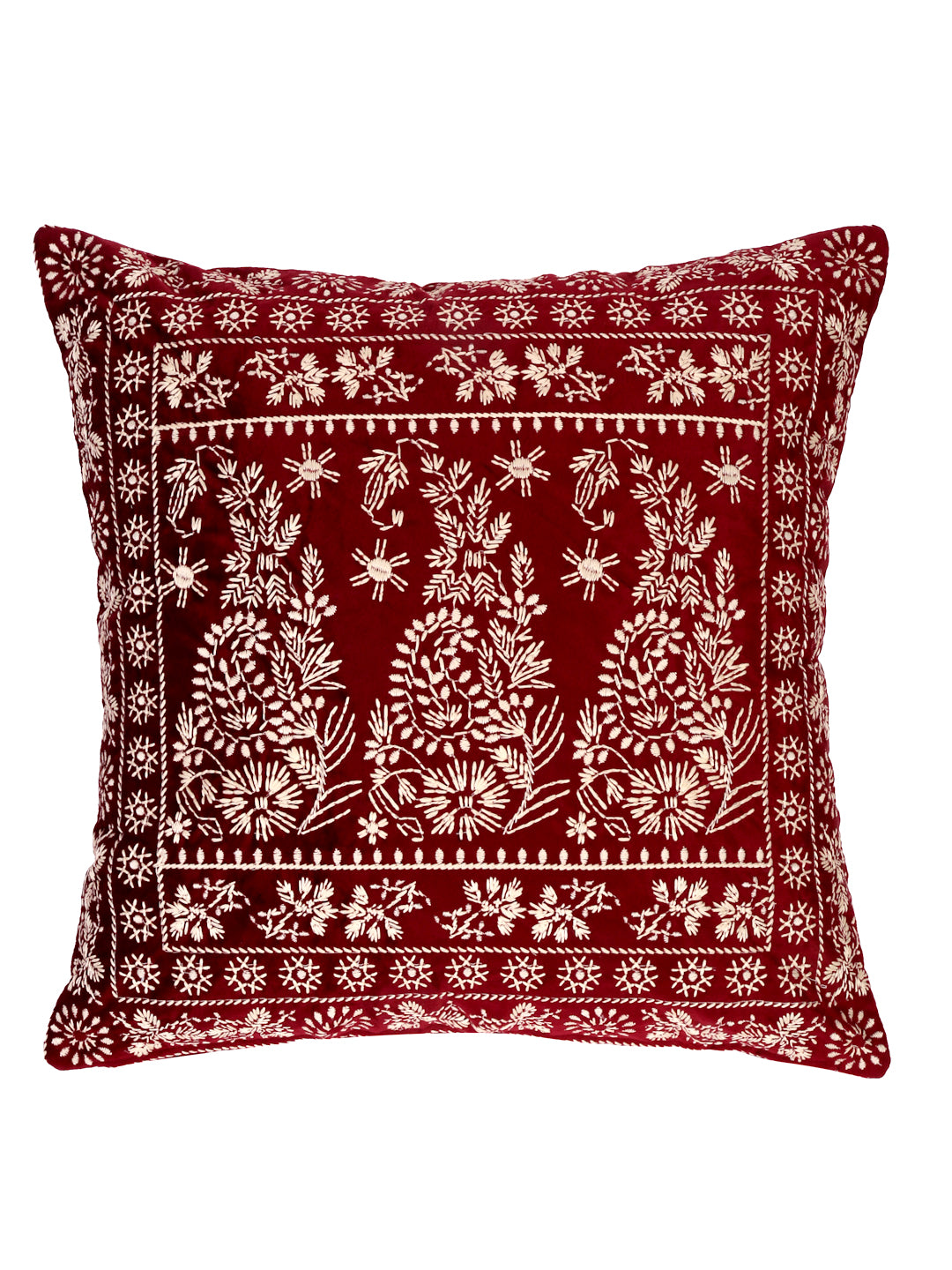 Eyda Maroon Color Embroidered Velvet Cushion Covers Set of 2 - 18x18 inch