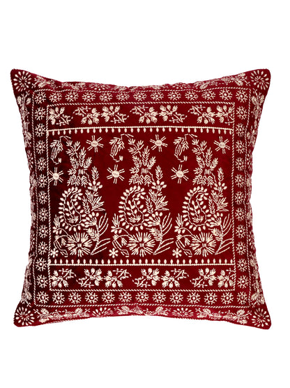 Eyda Maroon Color Embroidered Velvet Cushion Covers Set of 2 - 18x18 inch