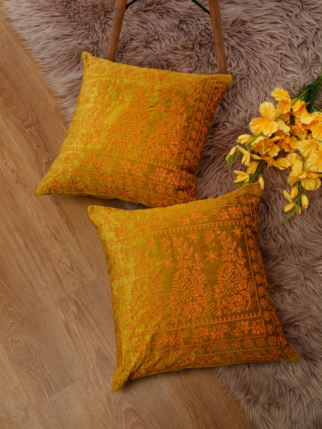 Eyda Mustard Color Embroidered Velvet Cushion Covers Set of 2 - 18x18 inch