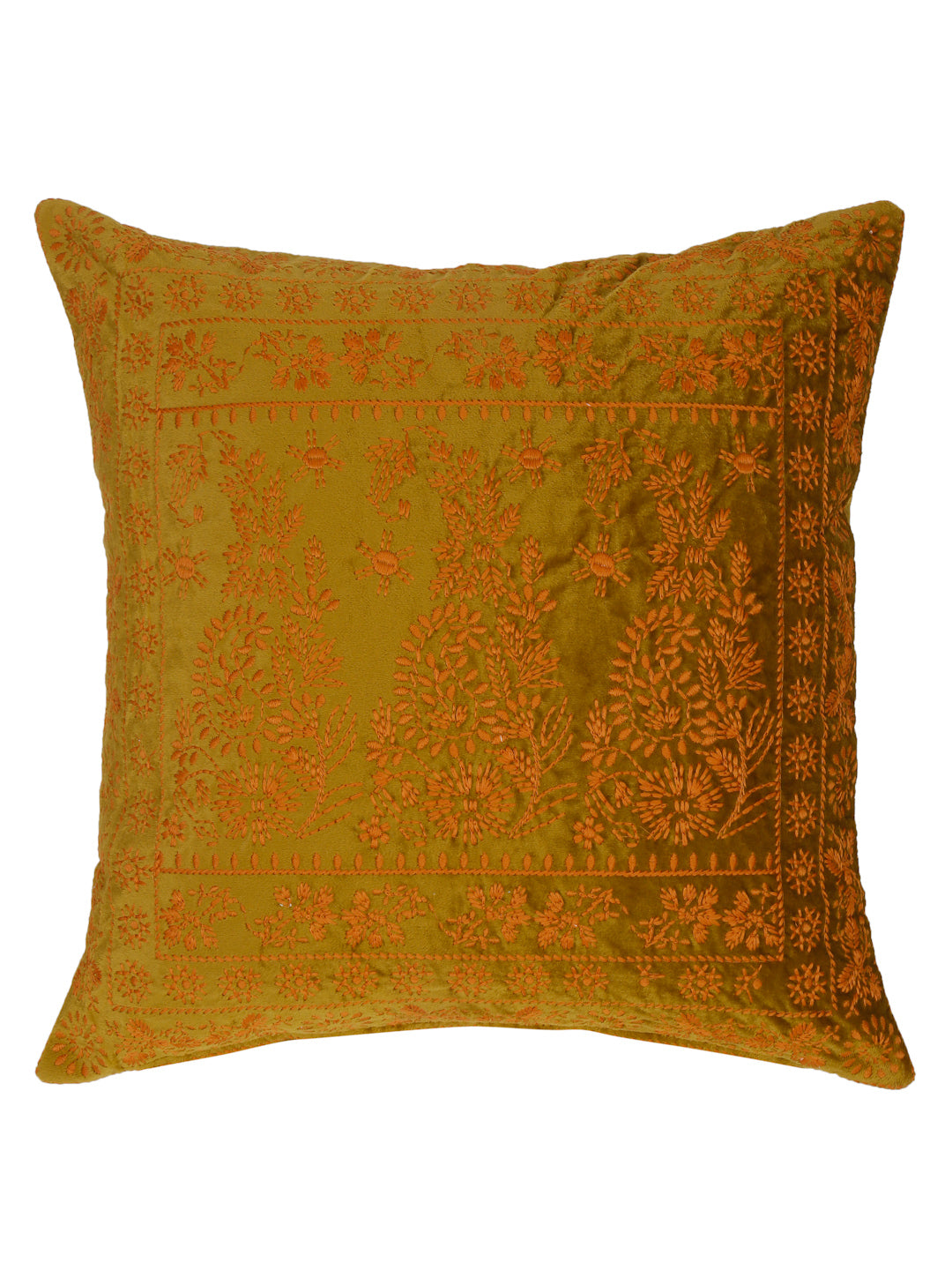 Eyda Mustard Color Embroidered Velvet Cushion Covers Set of 2 - 18x18 inch
